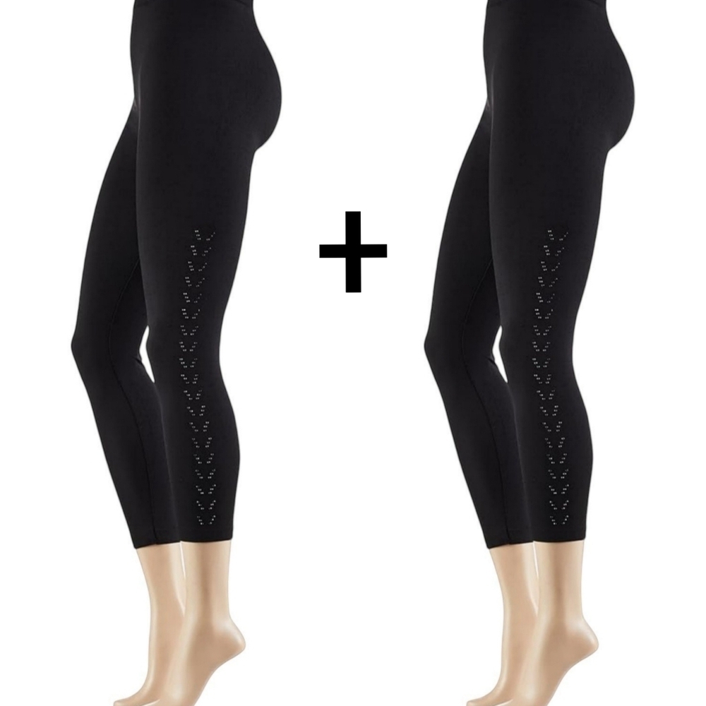 2-Avenue Plus Size L/XL Fleece-Lined Rhinestone Embellished‎ Black Cozy Leggings